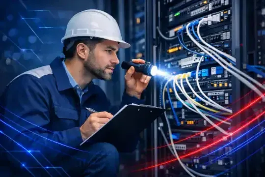 Técnico de TotalNet realizando la evaluación técnica de un gabinete de red