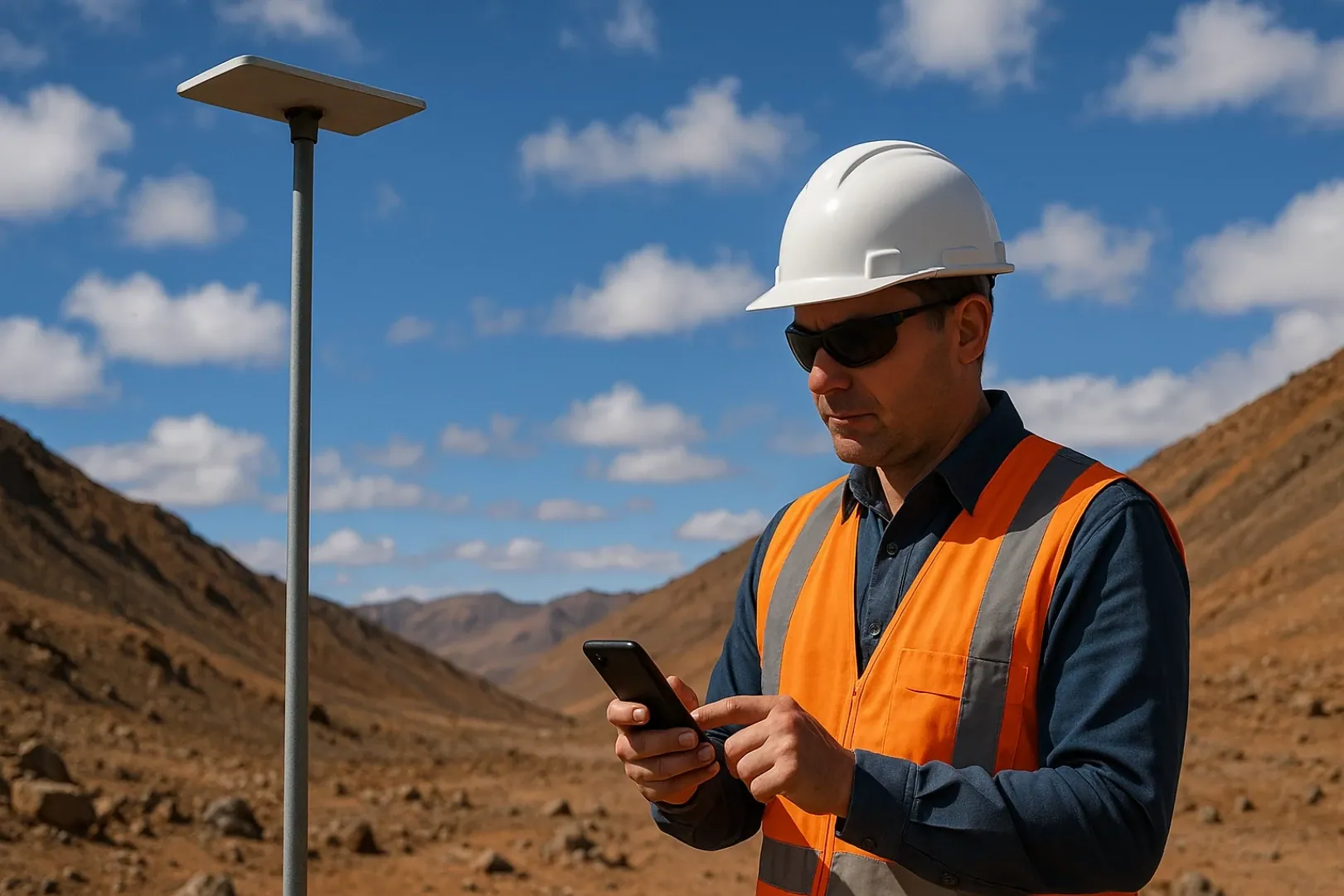 Ingeniero en campo con conexión de Internet Satelital empresarial